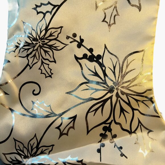 Elegant White Satin Christmas Stocking Silver Poinsettia Floral Design - Picture 2 of 4